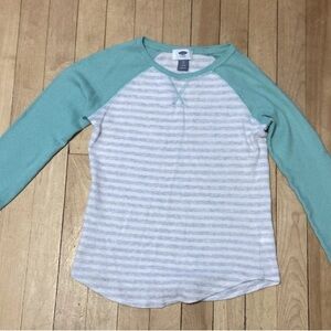 Girls XL 14/16 Old Navy Long Sleeve Sea Green White & Grey Striped Shirt  Casual